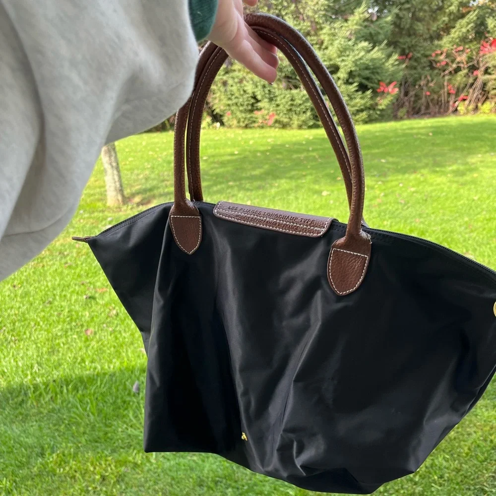 Longchamp medium le pilage nylon shoulder tote bag purse black brown - Picture 6 of 11